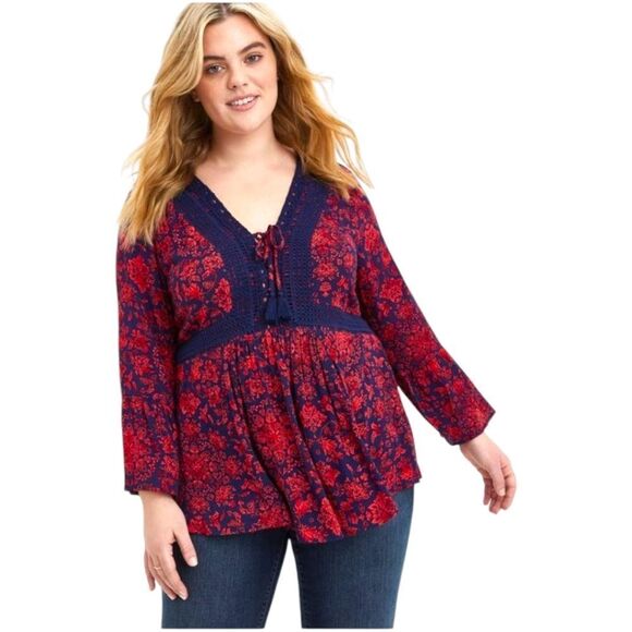 TORRID NEW Babydoll Gauze Crochet Trim Floral Lace-Up Top 4X - Picture 8 of 16